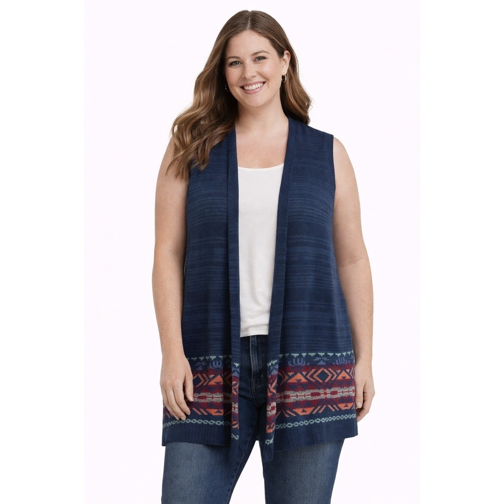 Chaps Sweater Vest Women Large Blue‎ Southwestern Knit Open Front Boho Cardigan
